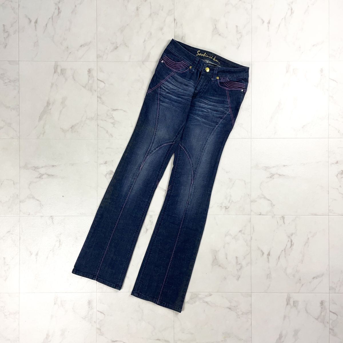 Soobinie スビニエ ひげ加工ステッチフレアデニムパンツ ボトムス レディース インディゴブルー サイズ7*CD1075拍卖