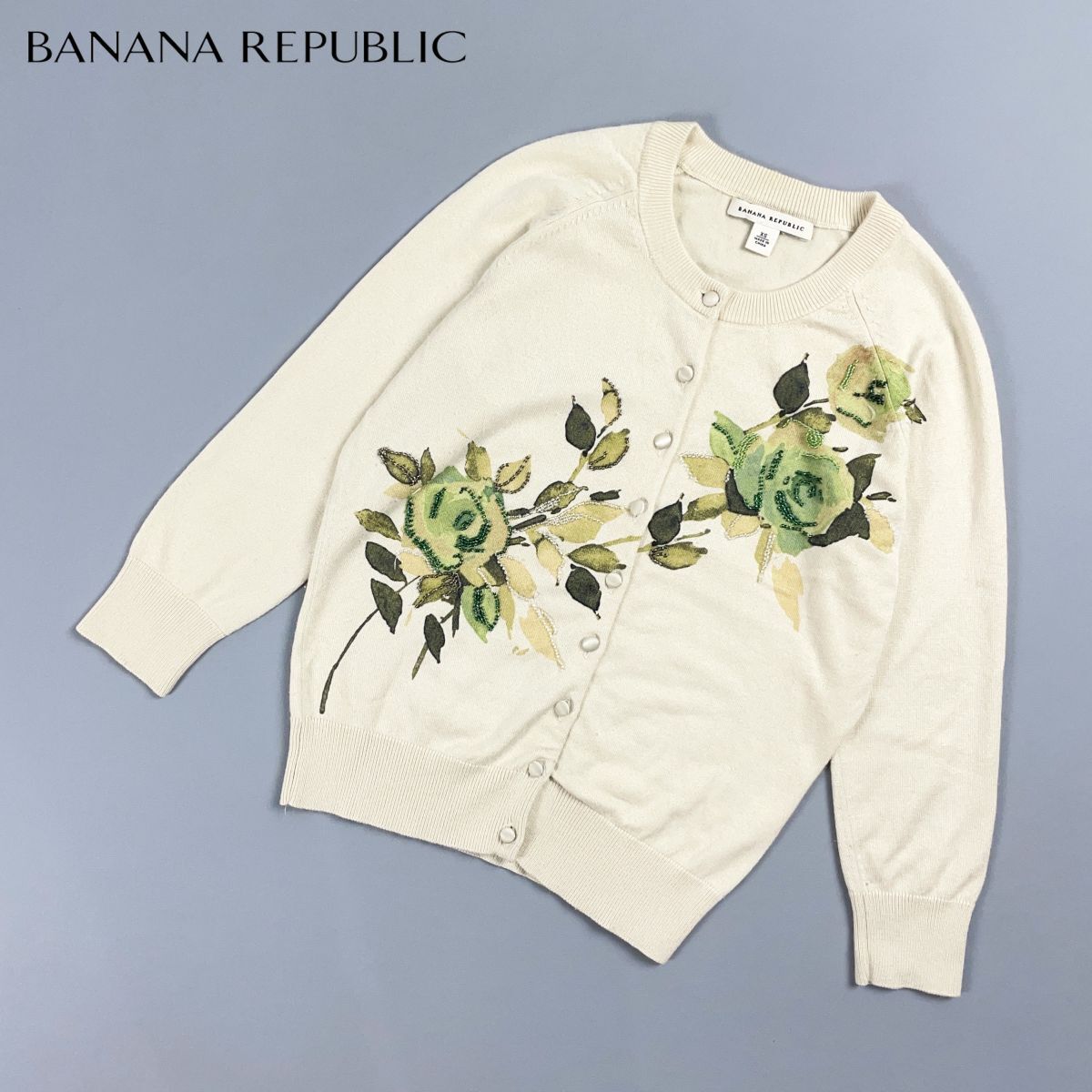 BANANA REPUBLIC バナナリパブリック ビーズ刺繍七分袖カーディガン シルク バラモチーフ レディース アイボリー 生成り サイズXS*CD204拍卖