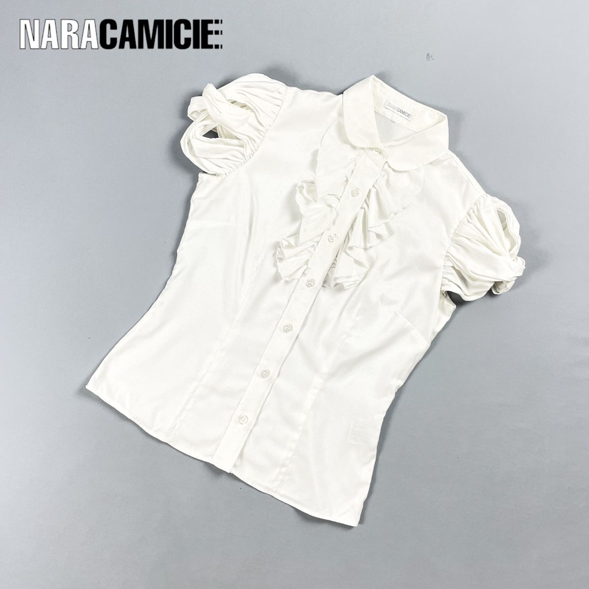 NARA CAMICIE ナラカミーチェ 変形スリーブフリルブラウス シャツ 丸襟 トップス レディース ホワイト 白 サイズF*CD1092拍卖