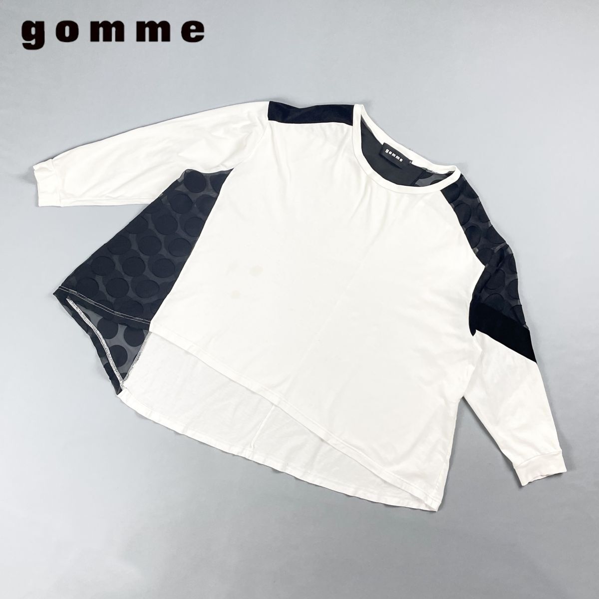 gomme ゴム 変形 アシンメトリーシースルードットカットソー ワイドシルエット トップス レディース 白 黒 モノトーン サイズM*CD1172拍卖