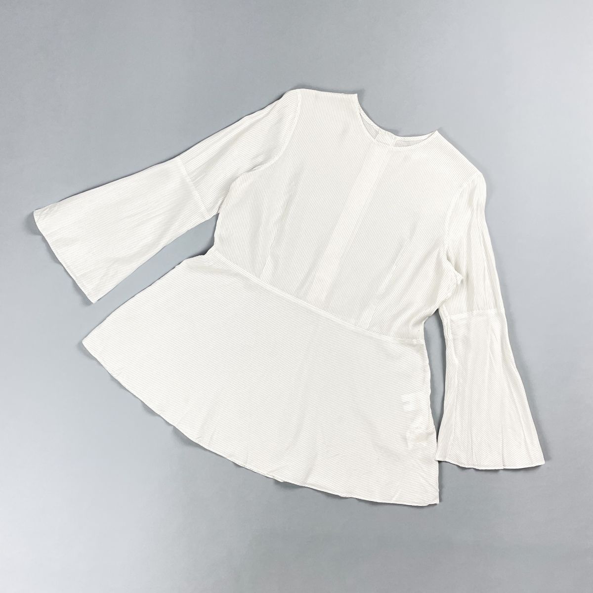 JANE SMITH ジェーンスミス シルク混 ストライプフレアスリーブブラウス チュニック トップス レディース ホワイト 白 サイズ38*CD1174拍卖