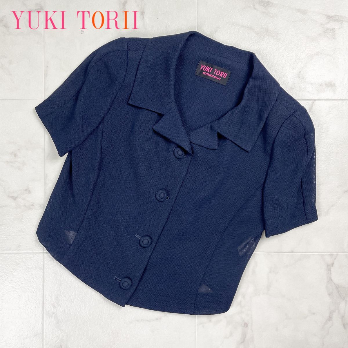 美品 YUKI TORII ユキトリイ オープンカラーメッシュジャケット 開襟 春夏 トップス レディース ネイビー 紺 サイズ9*CD1224拍卖