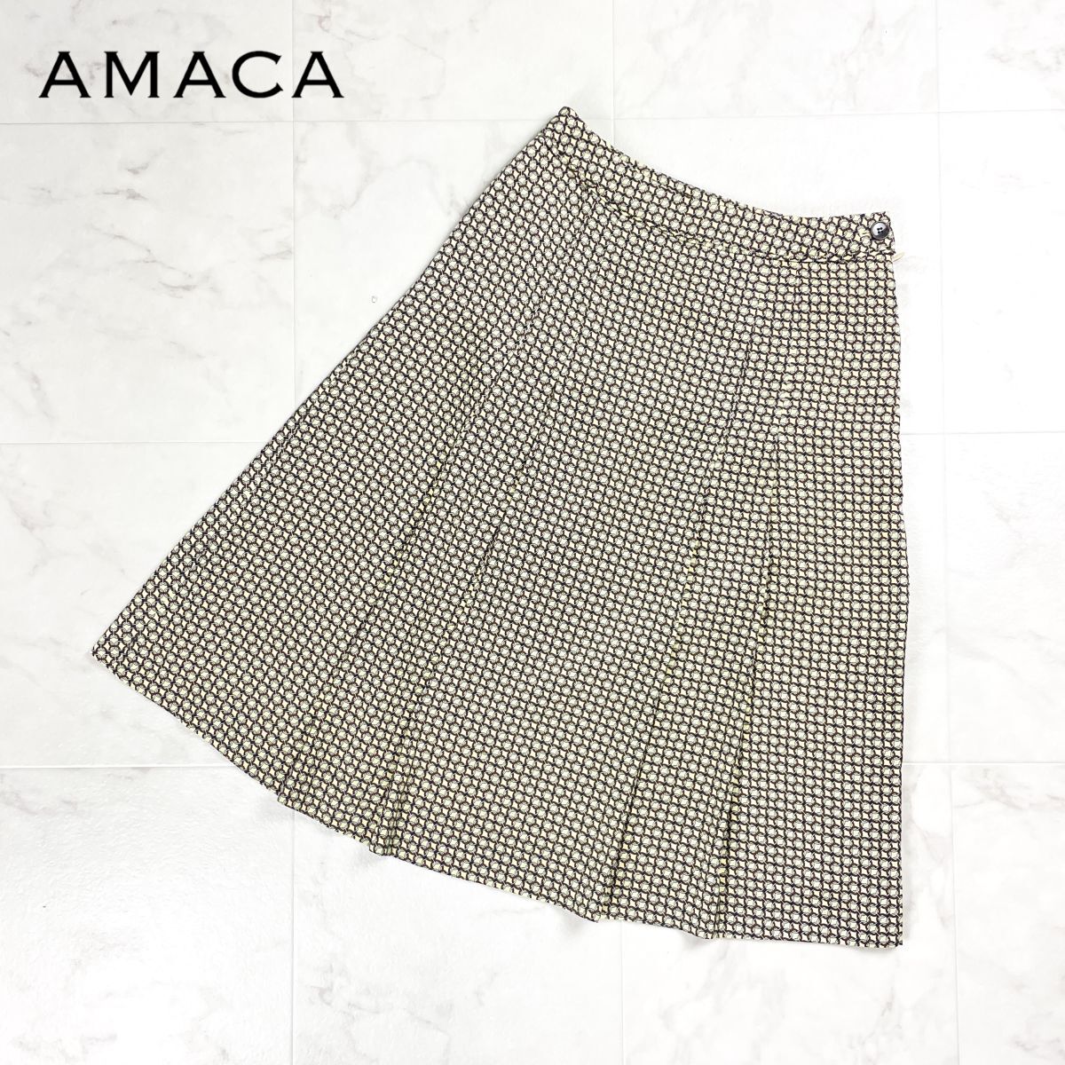 美品 AMACA アマカ 総柄プリントタックフレアスカート ミモレ丈 裏地付き イエロー系 サイズ36*CD1229拍卖