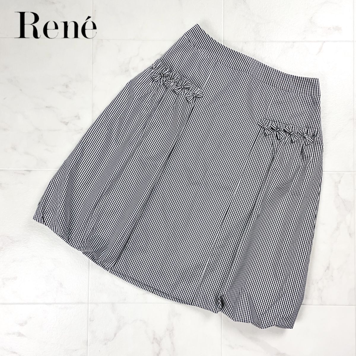 美品 Rene ルネ ギンガムチェックリボンバルーンスカート 裏地付き 膝丈 ブラック 黒 サイズ34*CD1275拍卖