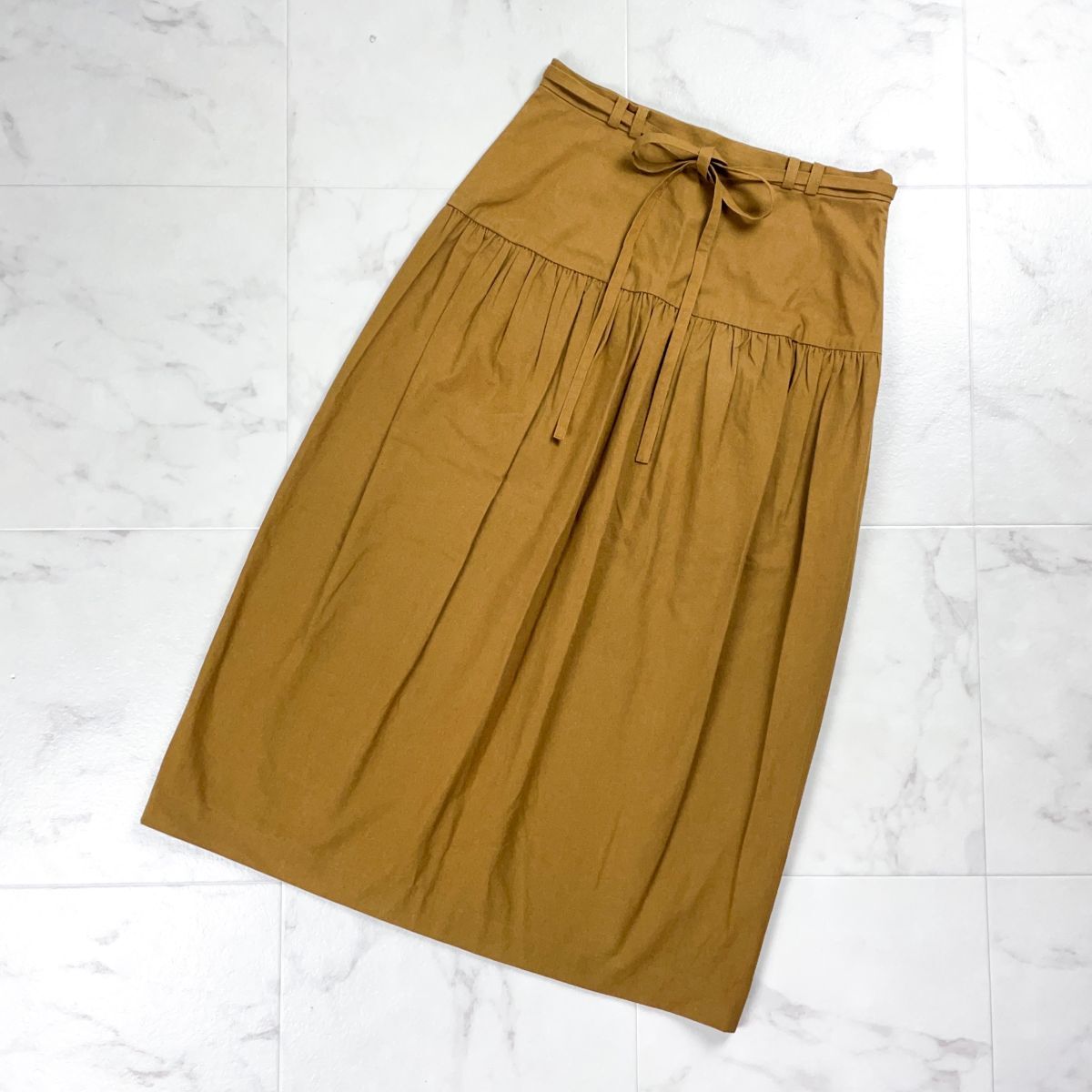 美品 ELIN エリン ウエストリボンギャザーティアードフレアスカート ミモレ丈 裏地なし ブラウン 茶 サイズ36*CD1277拍卖