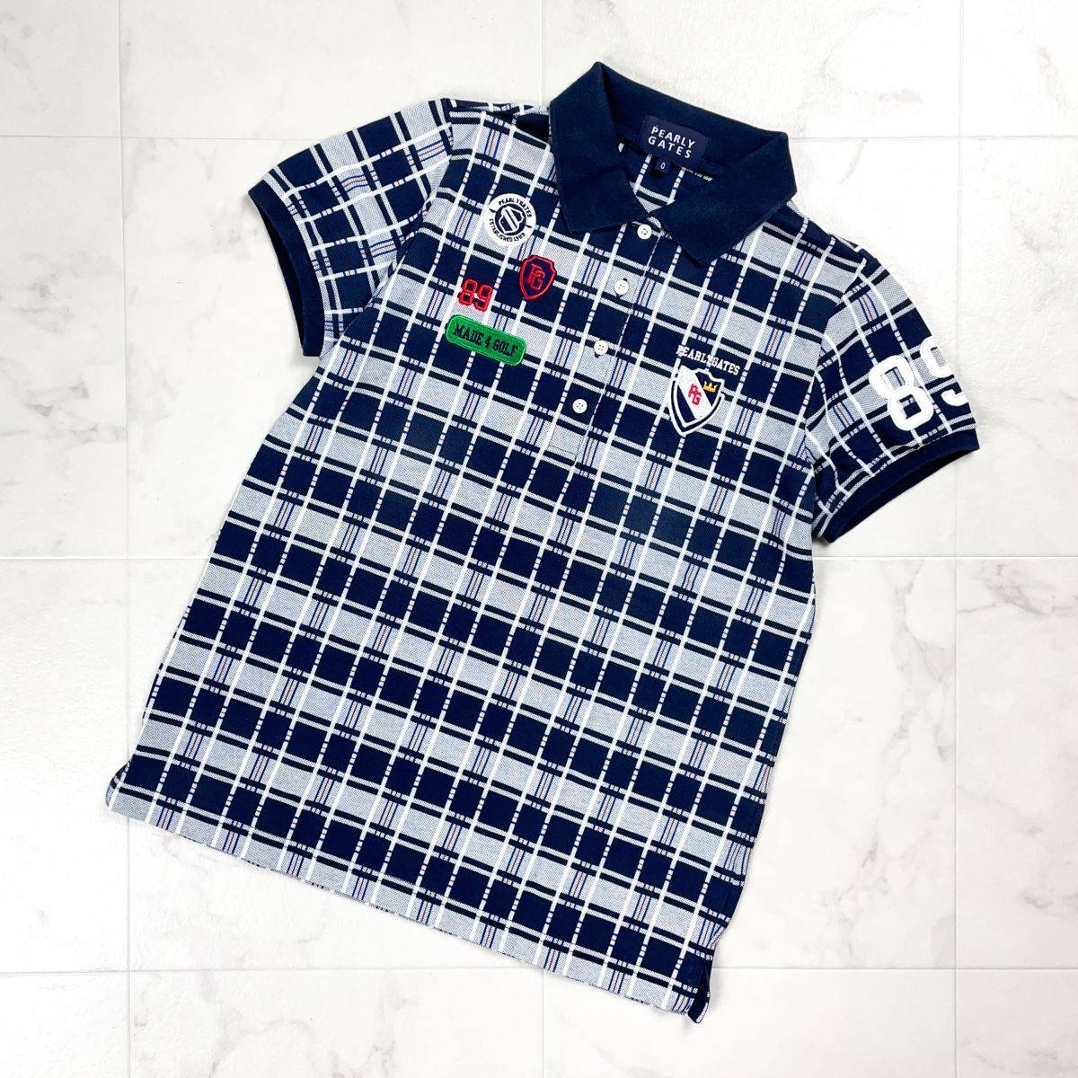 美品 PEARLY GATES パーリーゲイツ ゴルフウェア メッシュポロシャツ 半袖 トップス レディース ネイビー系 紺 サイズ0*CD1278拍卖