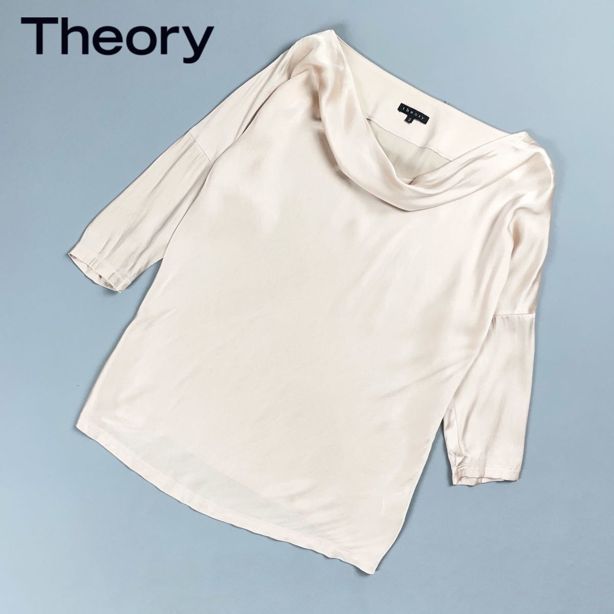 美品 theory セオリー シルク混 ドレープカットソー 七分袖 トップス レディース ピンクベージュ サイズ2*CD1290拍卖