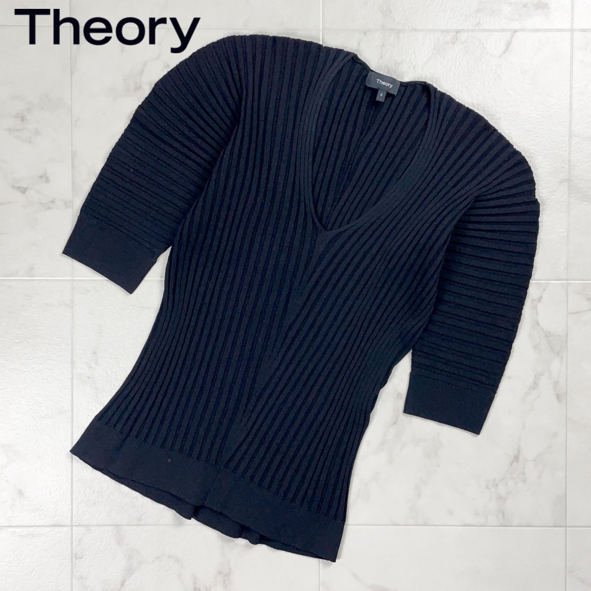 美品 Theory セオリー Vネックリブニットソー 5分袖 トップス レディース ブラック 黒 サイズS*CD1331拍卖