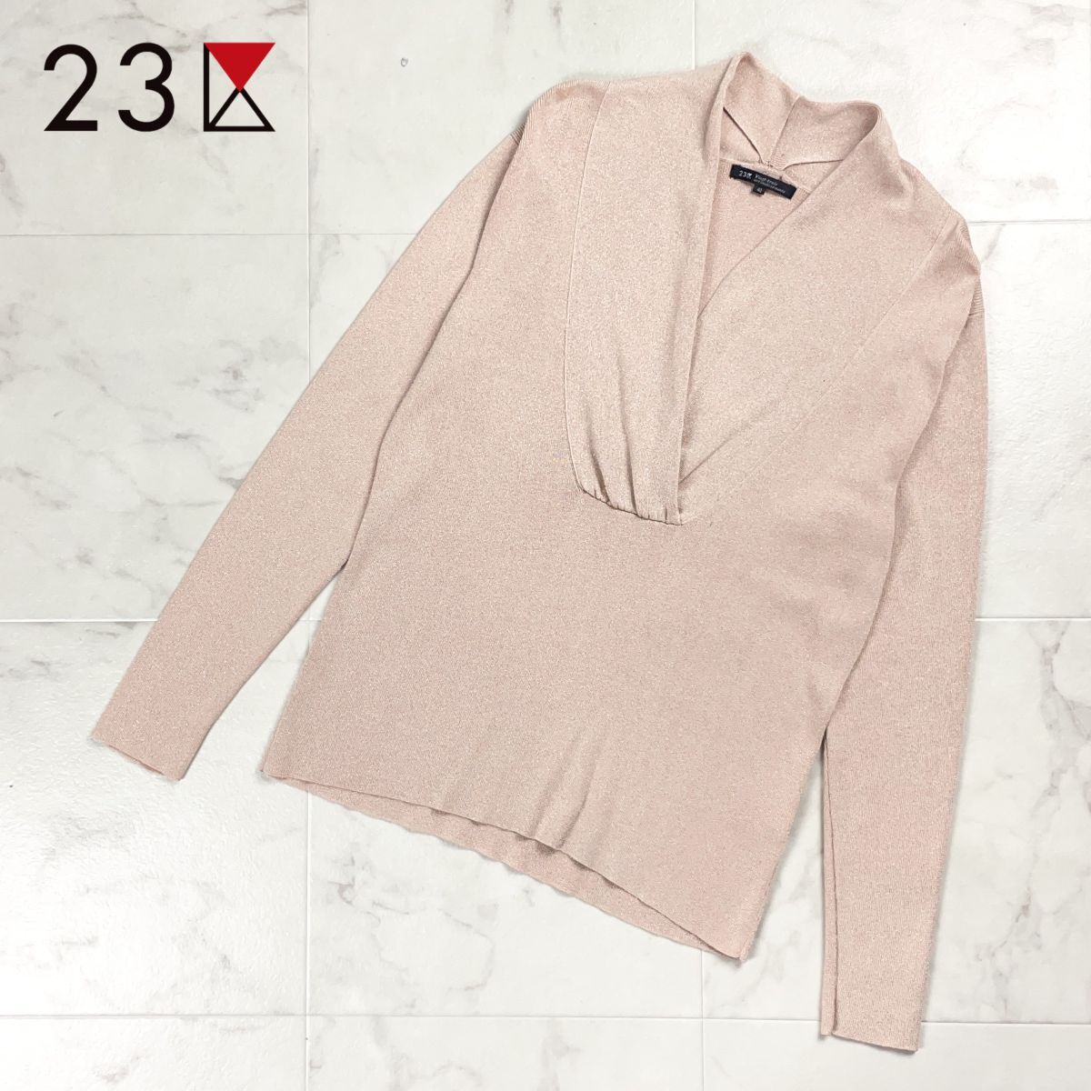 美品 23区 ニジュウサンク カシュクールネックラメニットソー Vネック 長袖 トップス レディース ピンク サイズ40*CD1340拍卖