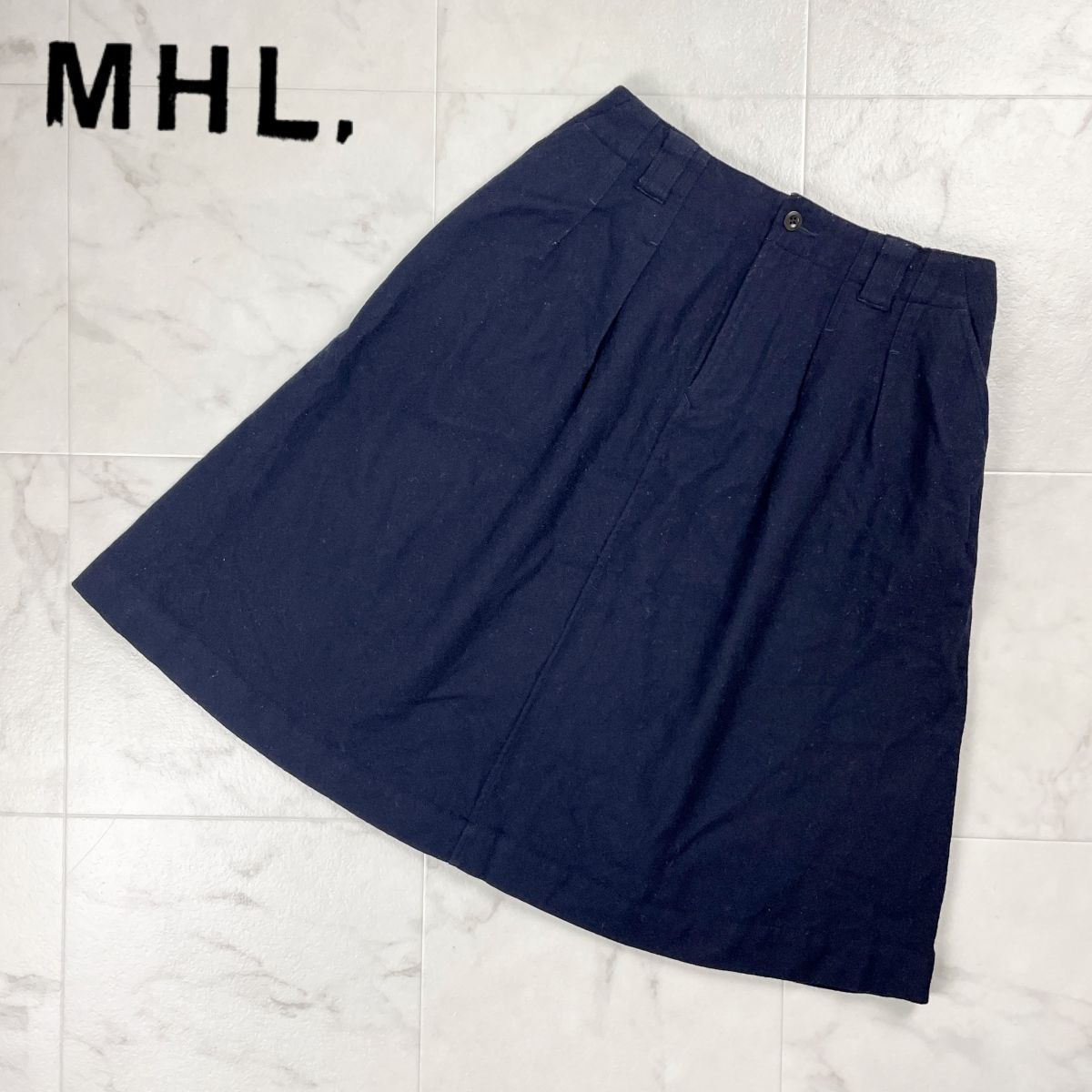 MHL. エムエイチエル マーガレットハウエル ウール100% タックフレアスカート 台形 裏地付き ミモレ丈 ブラック 黒 サイズ2*CD1352拍卖
