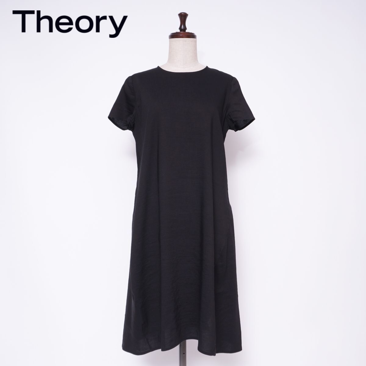 美品 Theory セオリー リネン混 クルーネックAラインワンピース ミモレ丈 裏地なし レディース 黒 ブラック サイズ2*CD1359拍卖