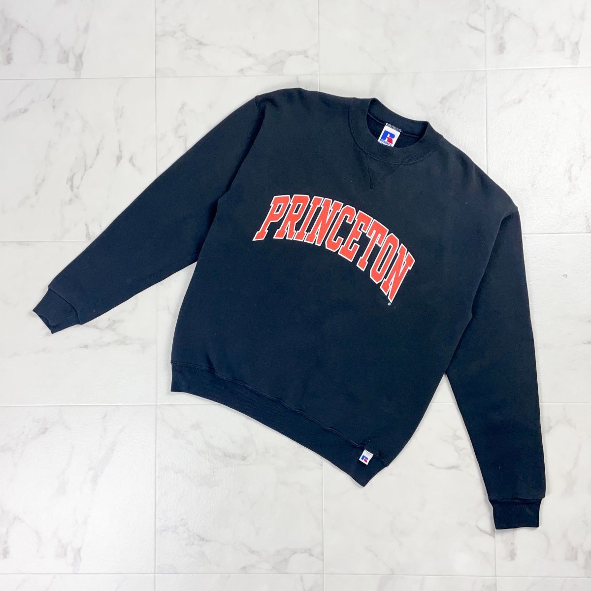 美品 RUSSELL ATHLETIC ラッセルアスレチック 90s Princeton プリントスウェット 長袖 エルサルバドル製 黒 ブラック サイズYOUTH L*CD319拍卖