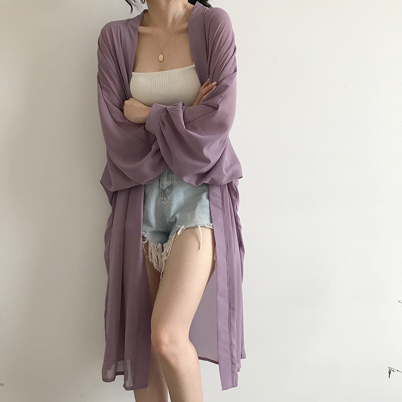 同梱1万円送料無料■Fサイズ■春夏 レディース シフォン ロングカーディガン 長袖 ロング丈 UV対策 冷 房対策 カーデ UVパーカー ★紫拍卖