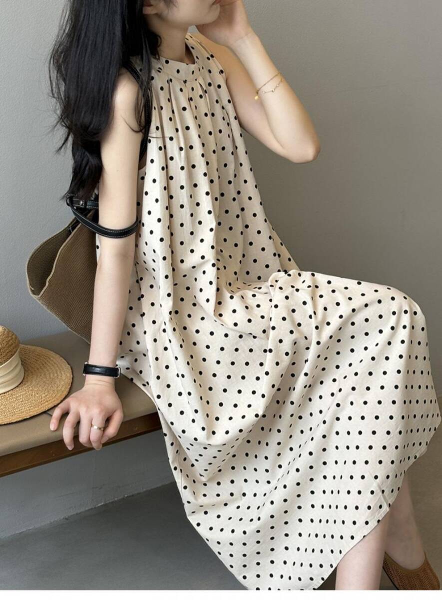 「同梱1万円送料無料」ワンピース ノースリーブ レディース 上品ドット柄 ロングワンピース カジュアル 通勤綿麻着痩せAライン ワンピース拍卖