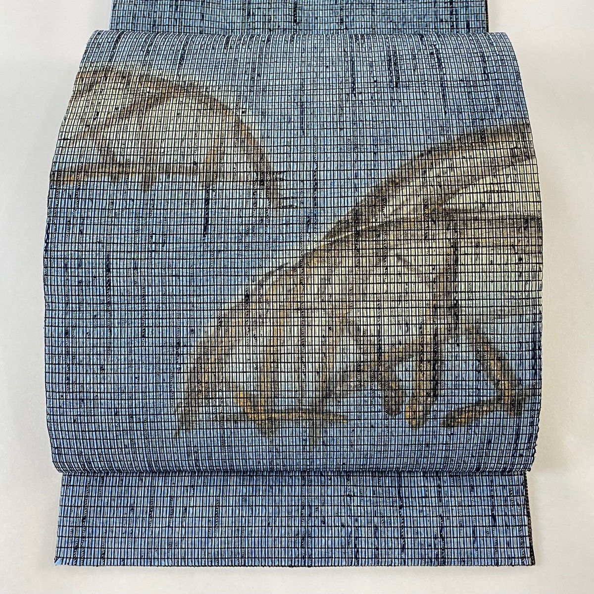 開き名古屋帯 美品 秀品 仕掛け 金糸 青 正絹 【中古】拍卖