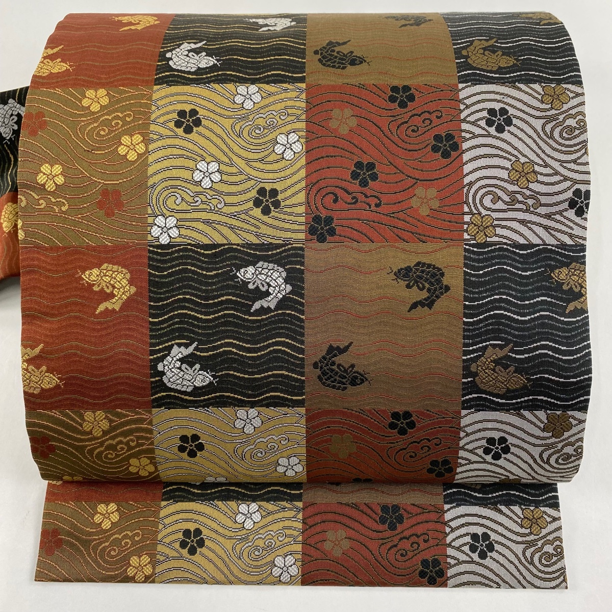 名古屋帯 美品 秀品 荒磯 流水 茶緑色 正絹 【中古】拍卖