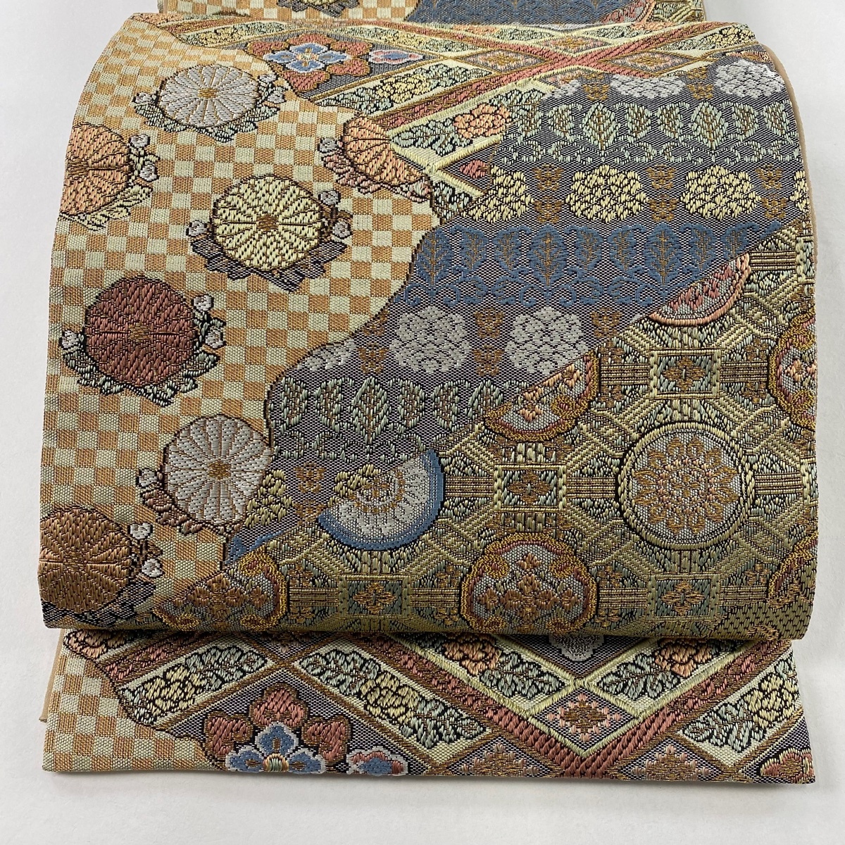 袋帯 美品 名品 華文 桐 金銀糸 箔 茶色 全通 正絹 【中古】拍卖