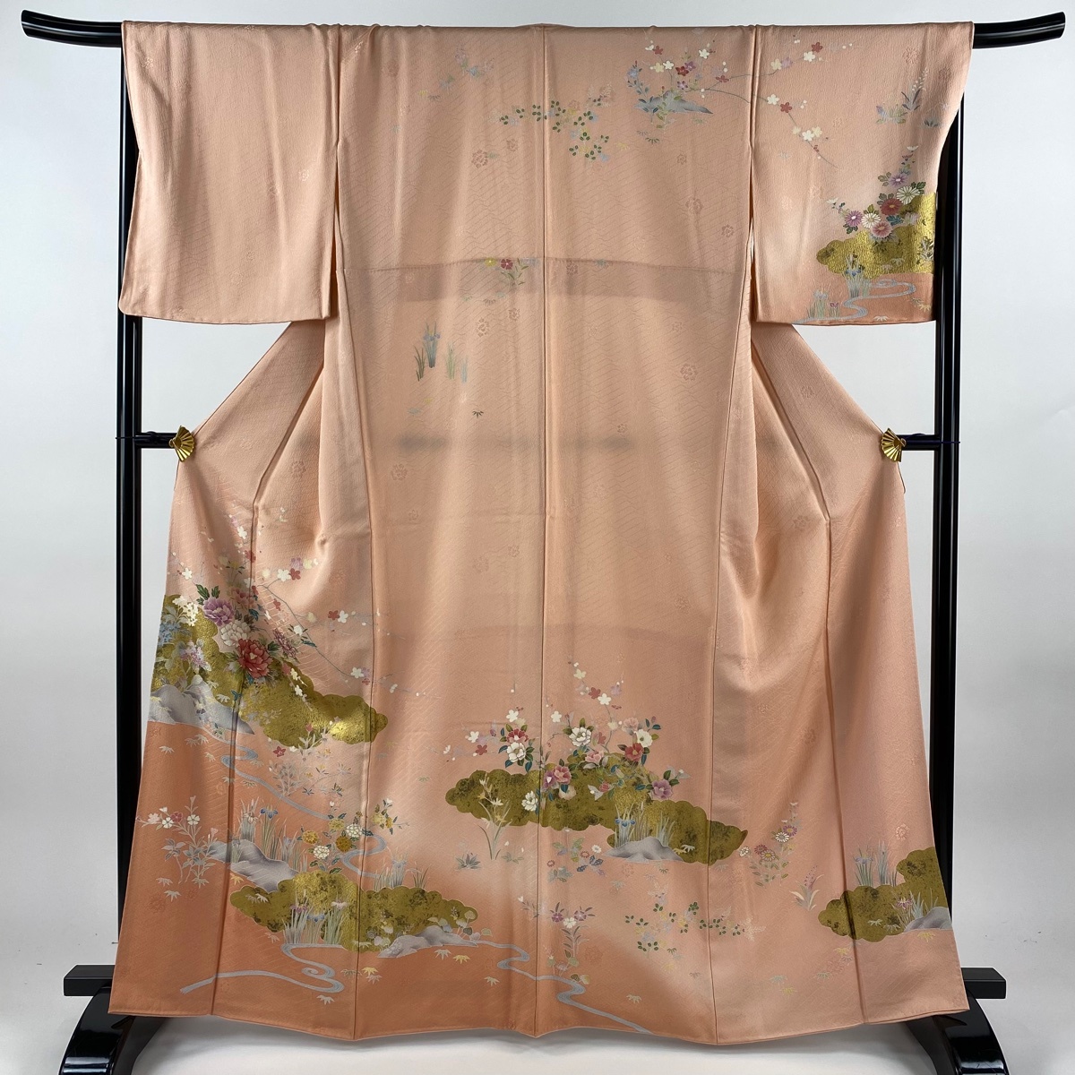 訪問着 身丈163cm 裄丈68cm L 袷 草花 雲文 金彩 金糸 ピンク 正絹 秀品 【中古】拍卖
