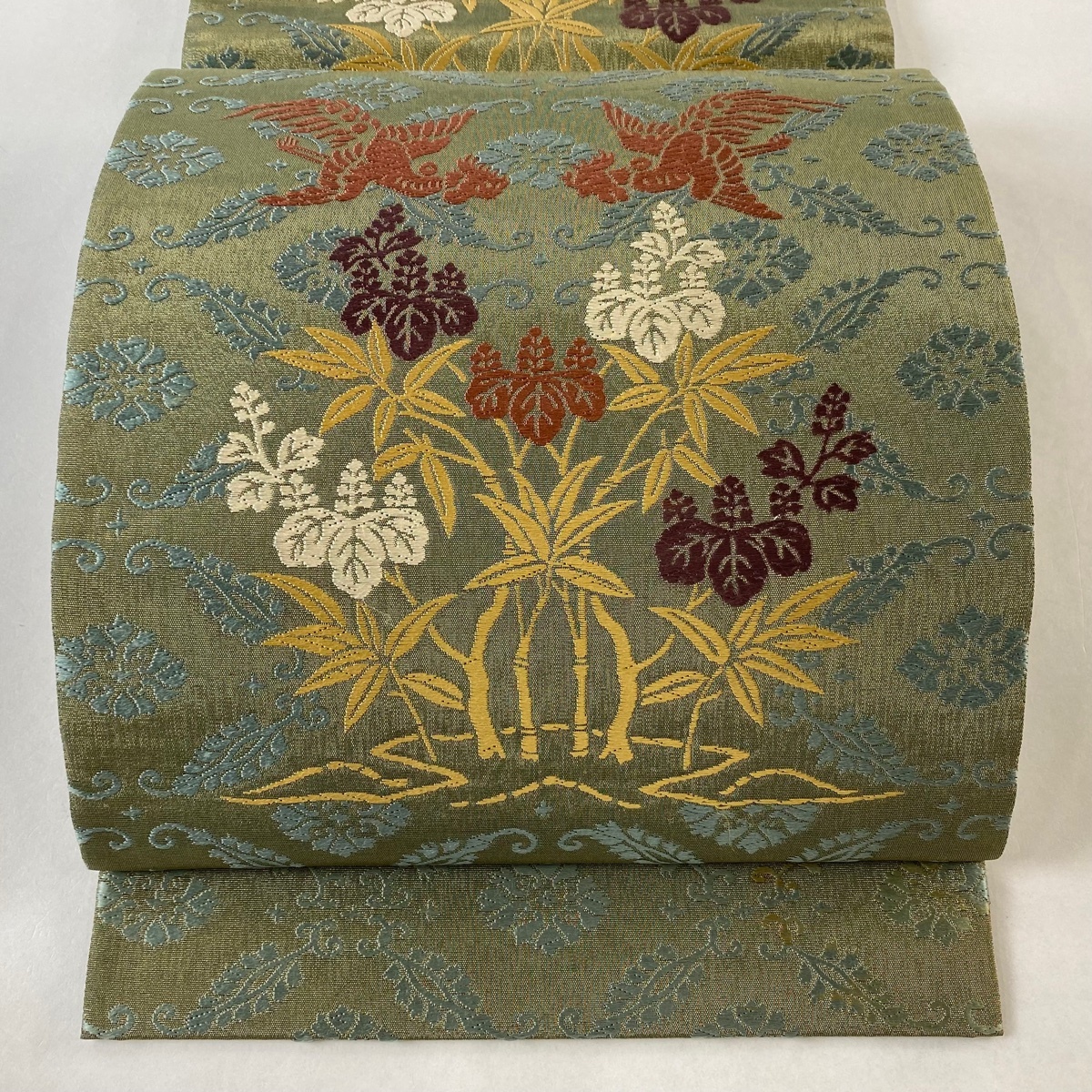 【在庫一掃】 袋帯 逸品 紋屋井関 落款 御寮織 鳥 桐 箔 刺繍 灰緑 お太鼓柄 正絹 【中古】拍卖