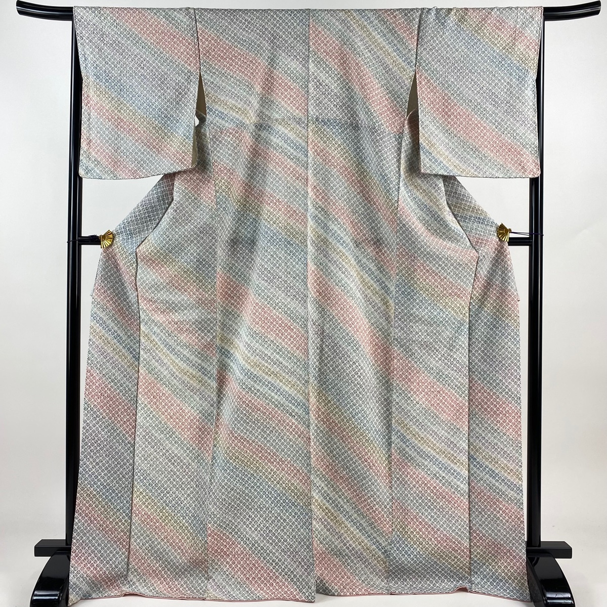 小紋 身丈171.5cm 裄丈67.5cm L 袷 幾何学 ぼかし 茜色 正絹 美品 秀品 【中古】拍卖