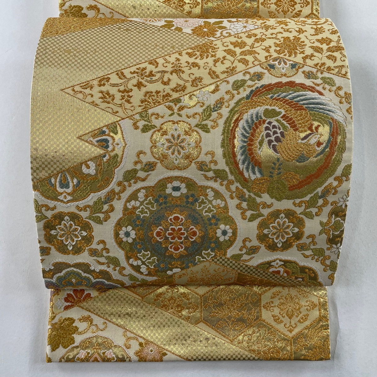 袋帯 美品 秀品 華文 鳳凰 金糸 箔 ベージュ 六通 正絹 【中古】拍卖