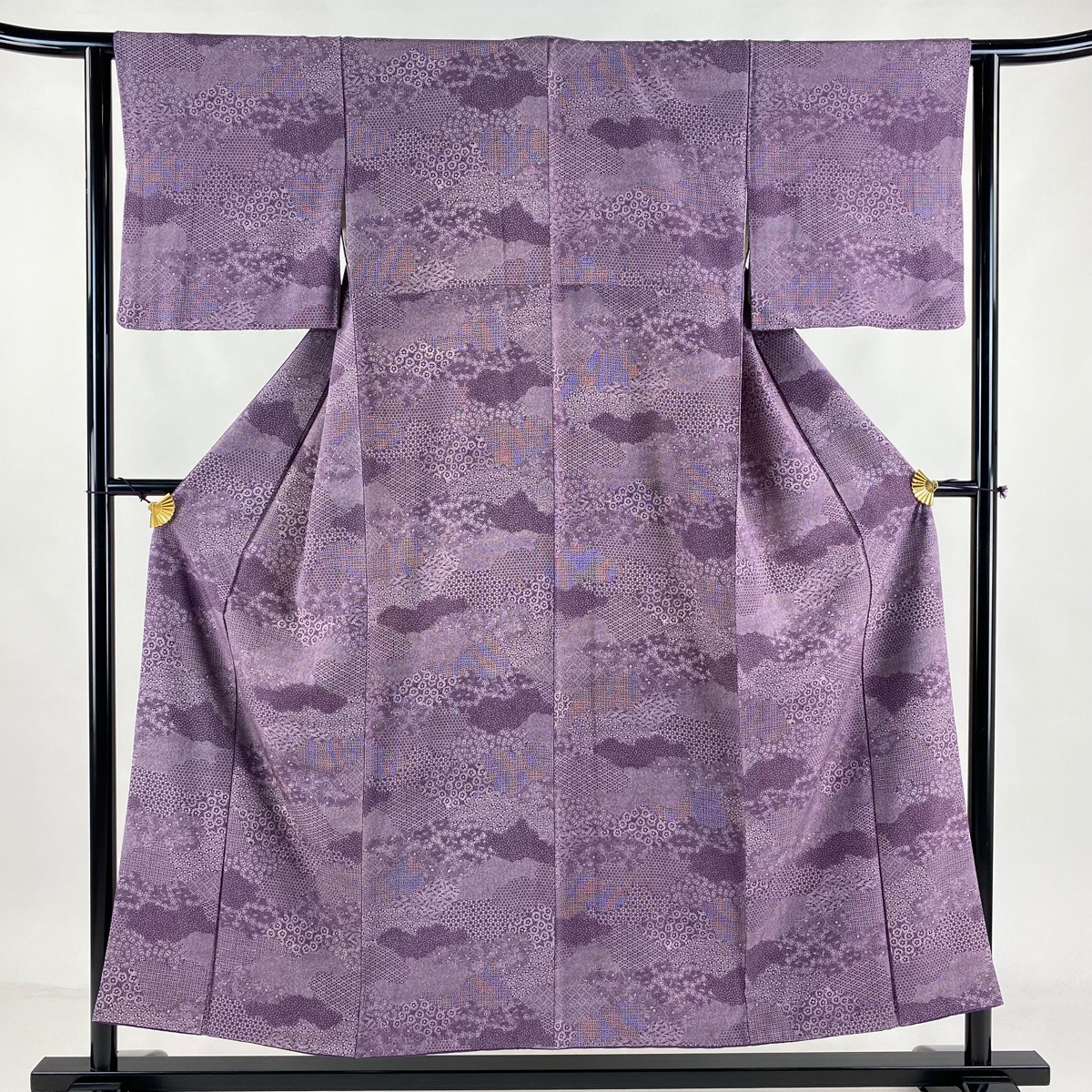 江戸小紋 身丈151.5cm 裄丈61cm S 袷 寄せ柄 花 紫 正絹 名品 【中古】拍卖