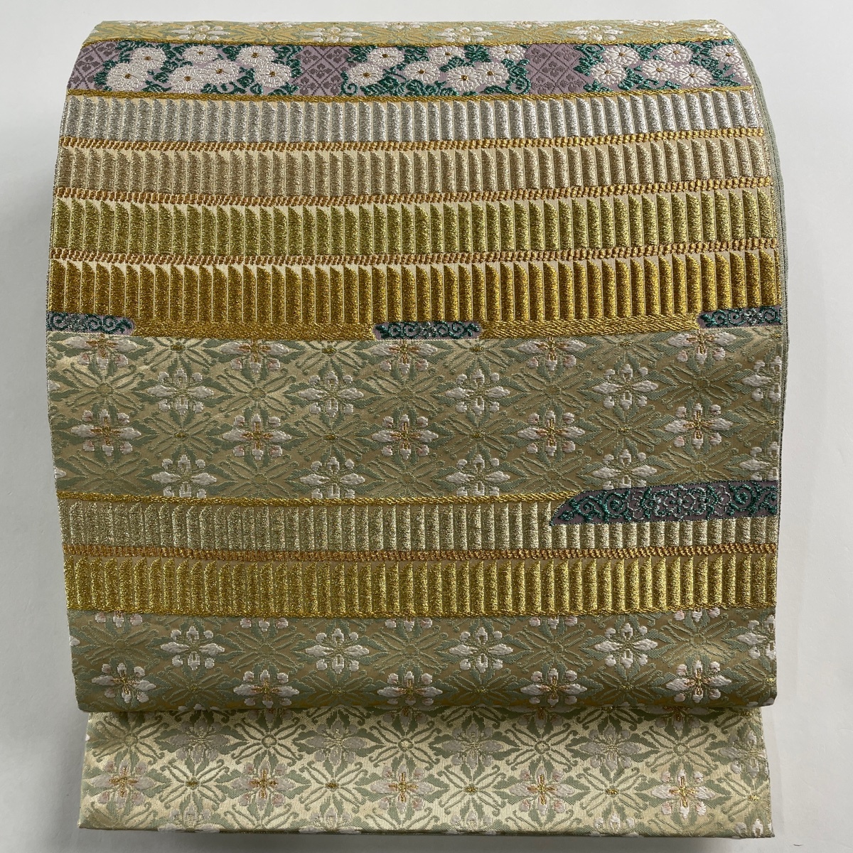 袋帯 美品 名品 菊 花 金銀糸 箔 灰緑 六通 正絹 【中古】拍卖