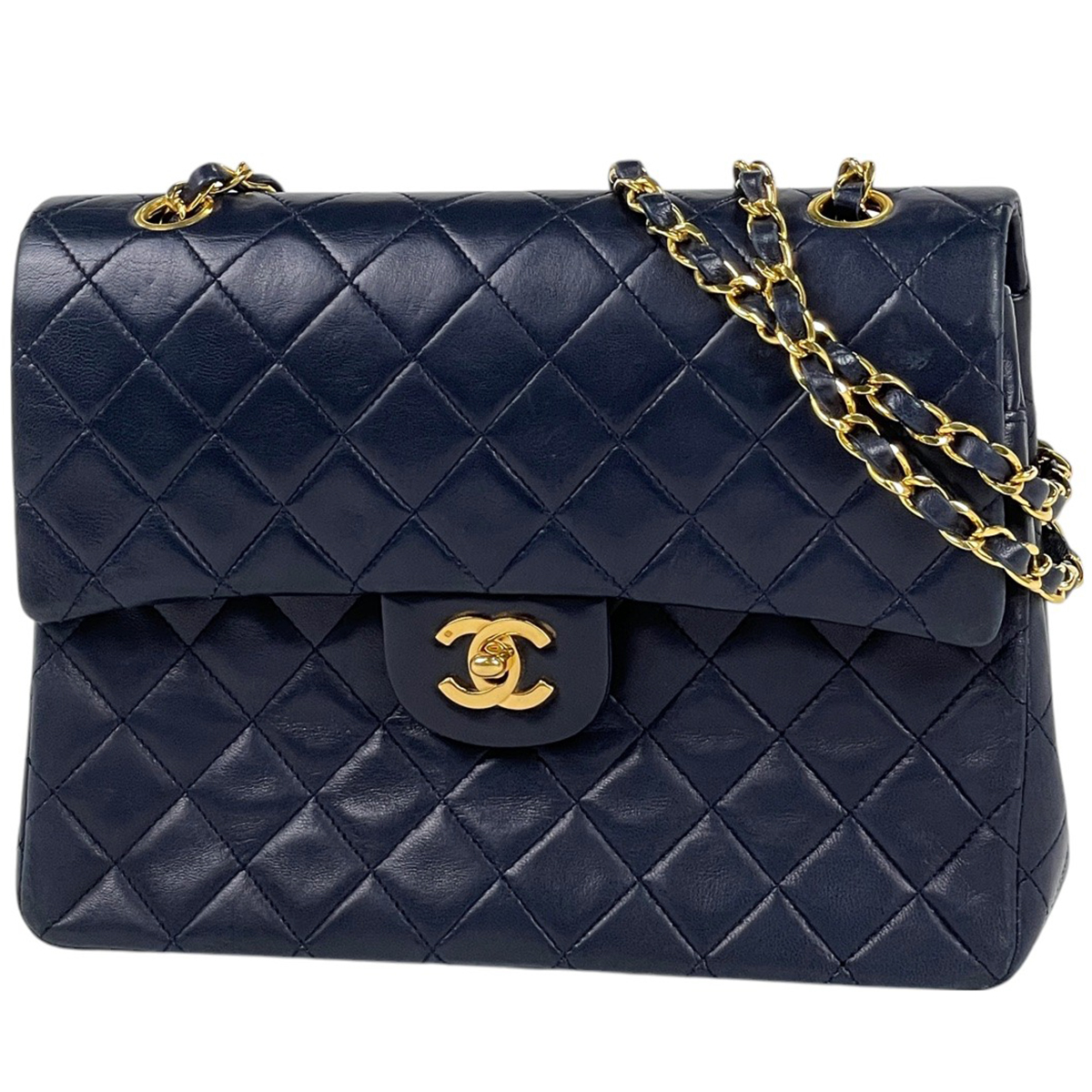 【在庫一掃】 【ジャンク品】シャネル マトラッセ Wフラップ チェーン ショルダーバッグ ココマーク レザー ネイビー 中古拍卖