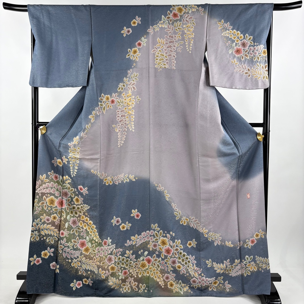 【在庫一掃】 訪問着 身丈169cm 裄丈67cm M 袷 徳永憲峯 落款 辻が花 金通し 金彩 青灰色 正絹 逸品 【中古】拍卖