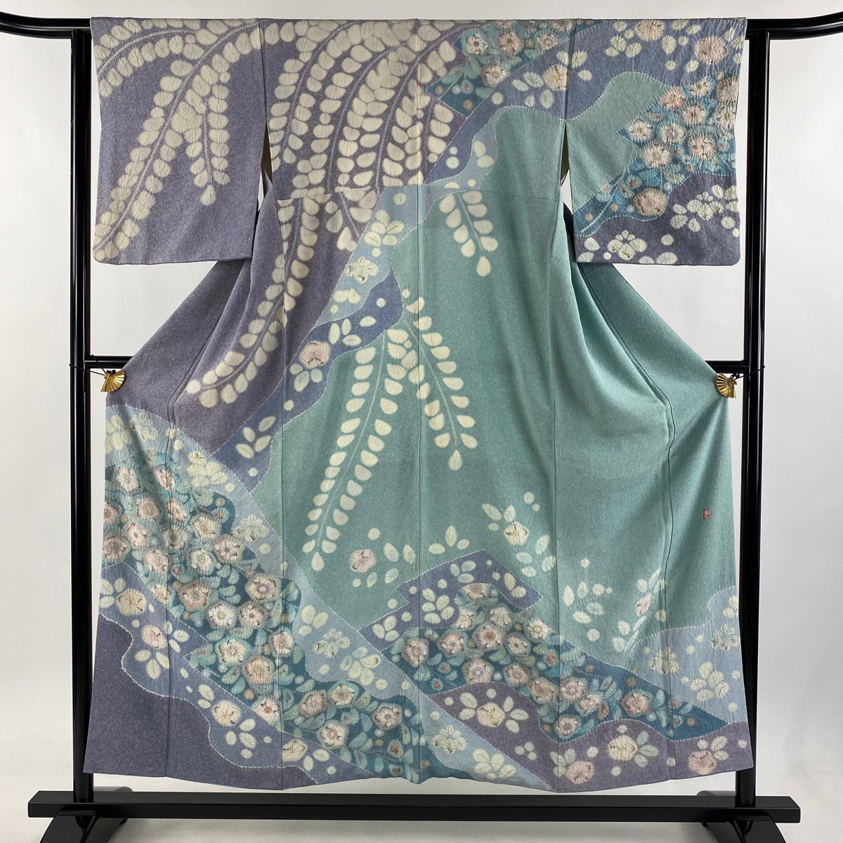 【在庫一掃】 訪問着 身丈153.5cm 裄丈62.5cm S 袷 落款 辻が花柄 流水 ぼかし 薄紫 正絹 逸品 【中古】拍卖