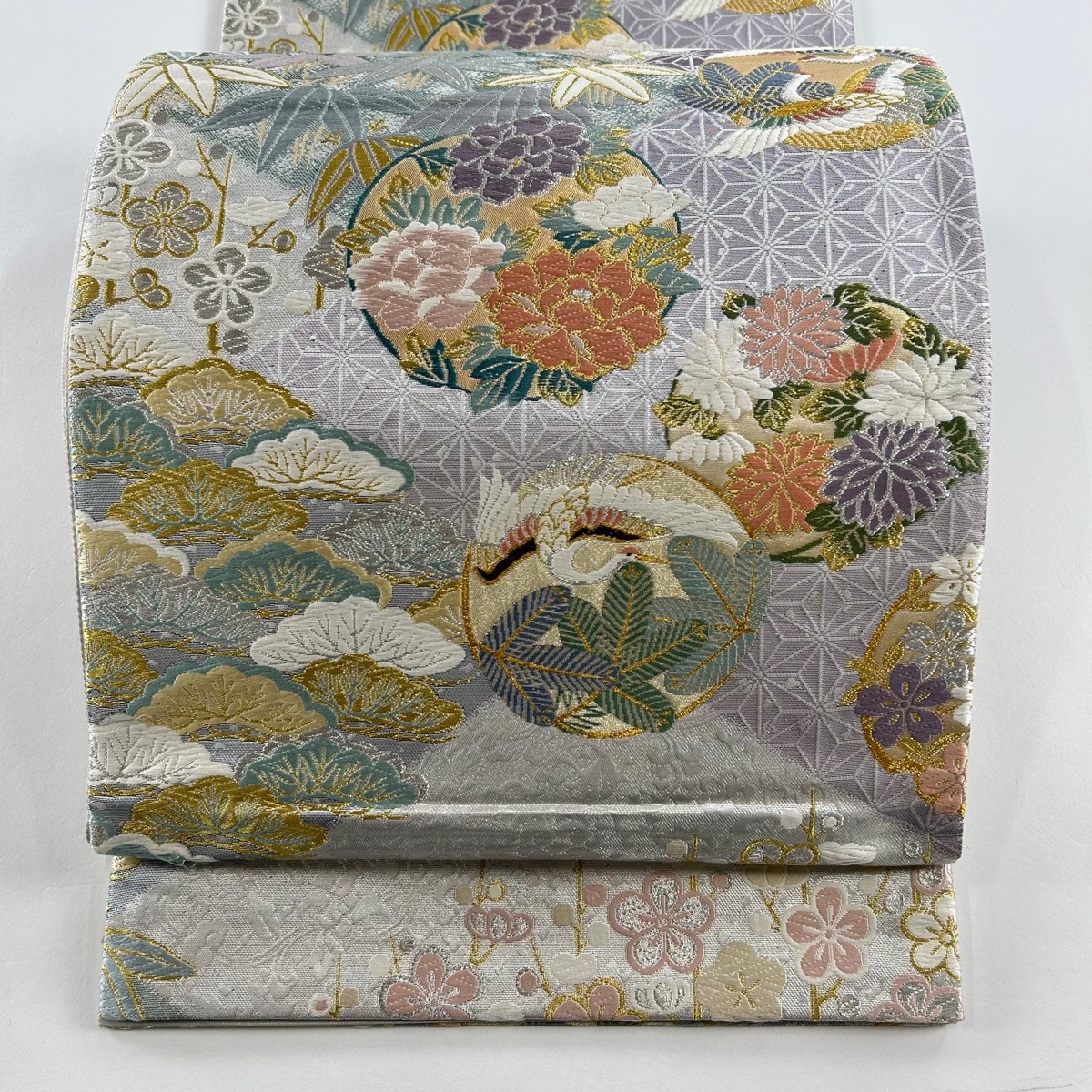 袋帯 秀品 松竹梅 鶴 金銀糸 箔 銀色 六通 正絹 【中古】拍卖