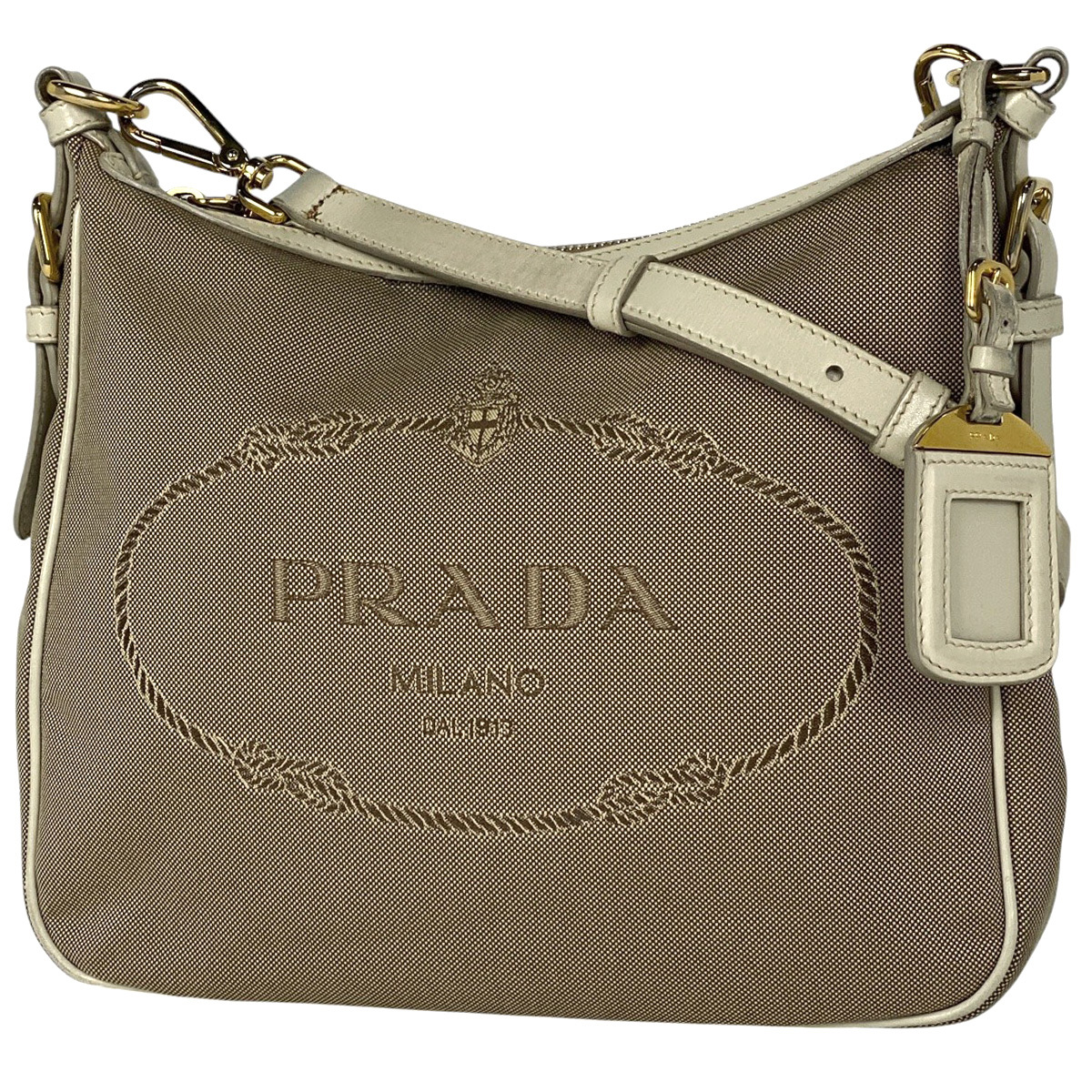 【在庫一掃】 プラダ ロゴ ジャガード ショルダーバッグ 斜め掛け ショルダーバッグ キャンバス ベージュ ホワイト 【中古】拍卖