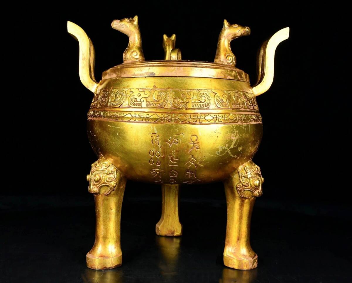 『戦・青銅製・青銅器・塗金・雙耳三足鼎・酒器・食器・祭祀品・副葬品』極細工 置物 古賞物 中国古玩 中国古美術拍卖