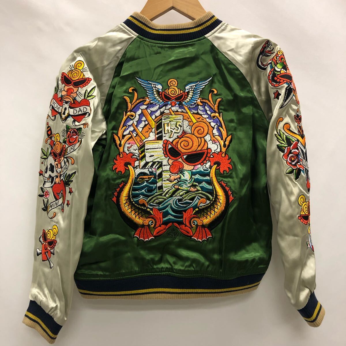 HYSTERIC MINI ヒステリックミニ KIDS スカジャン 1636139 リバーシブル 刺繍ジャケット スーベニアジャケット グリーン ブラック 古着 140拍卖