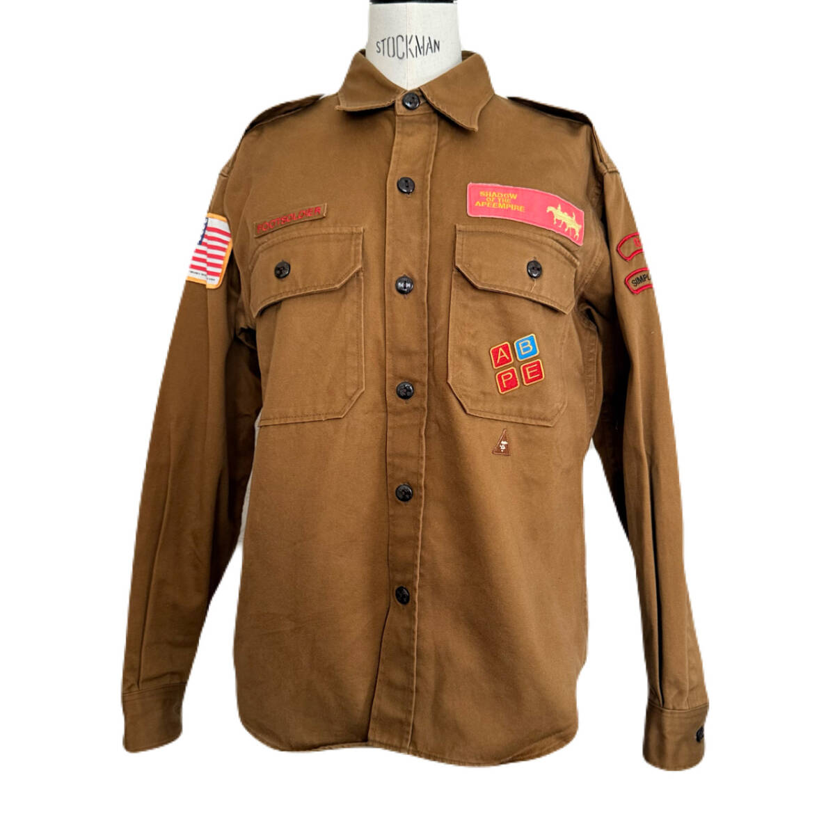 ★ 90s 00s BAPE A BATHING APE ア ベイシング エイプ ワッペン ミリタリー シャツ ジャケット ワークシャツ ブラウン M 日本製 Y2K 拍卖