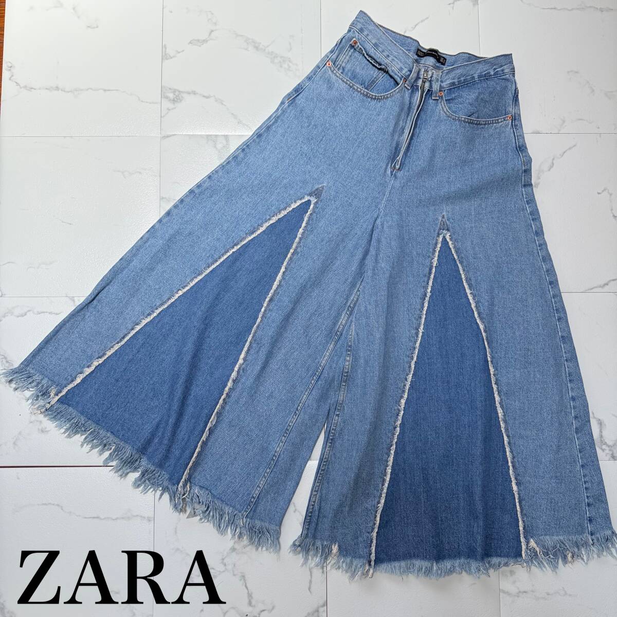 ★ ZARA ザラ リメイク フリンジ デニム スーパー ワイド パンツ バギー パンツ ガウチョ ジーンズ サイズ 165/62A USA 02 ★ 拍卖