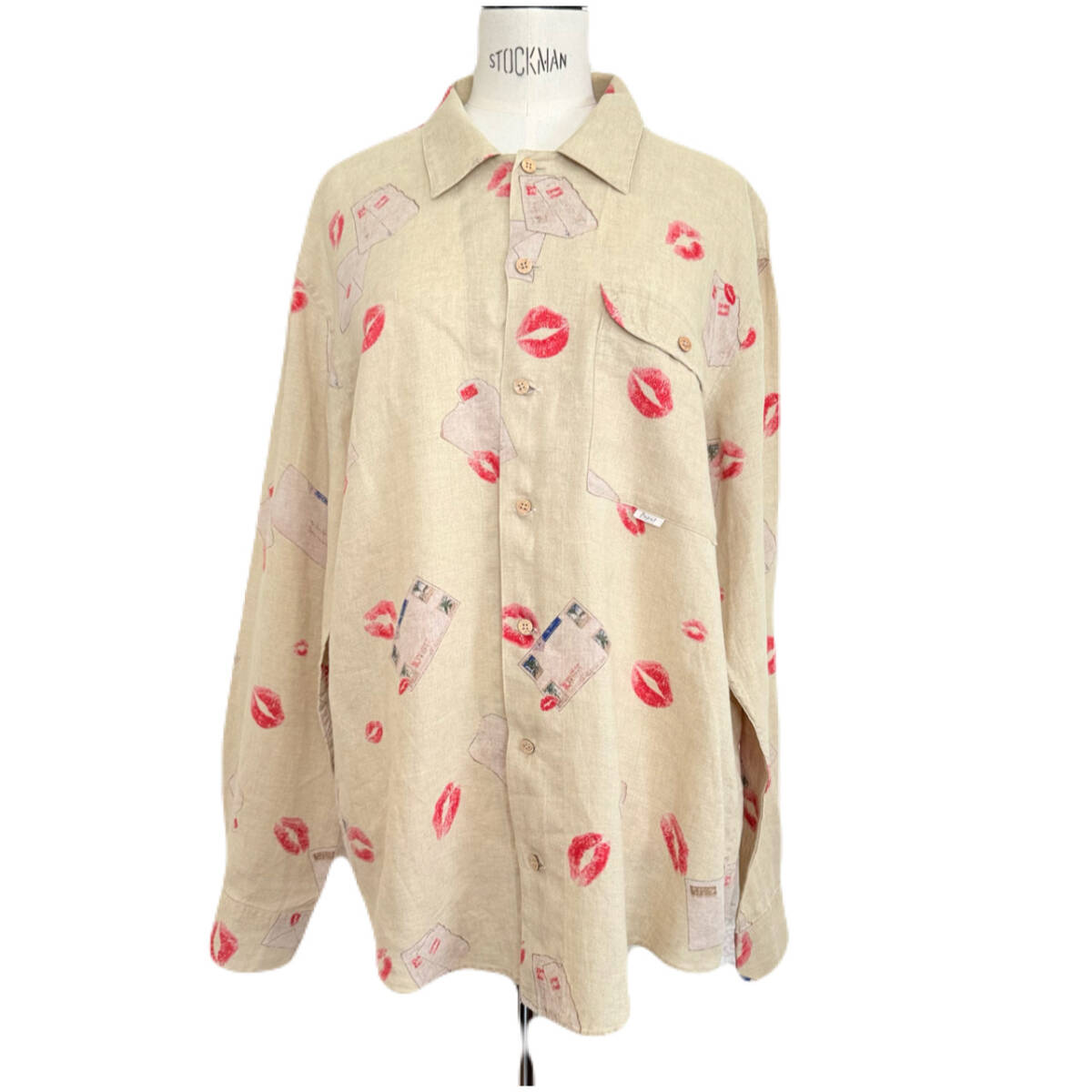 ★ PAPAS ISLAND パパス アイランド キスマーク ラブレター 総柄 リネン 麻 長袖 シャツ 開襟シャツ ココナッツボタン M 48 ★ 拍卖