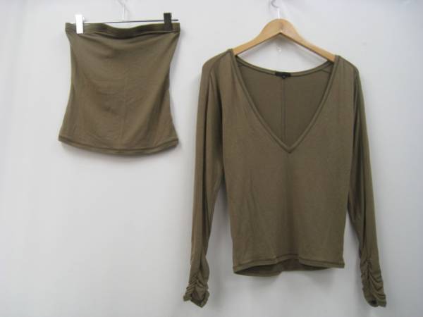 FRAGILE フラジール Vネックカットソー 袖ギャザー チューブトップ ブラウン 38 拍卖