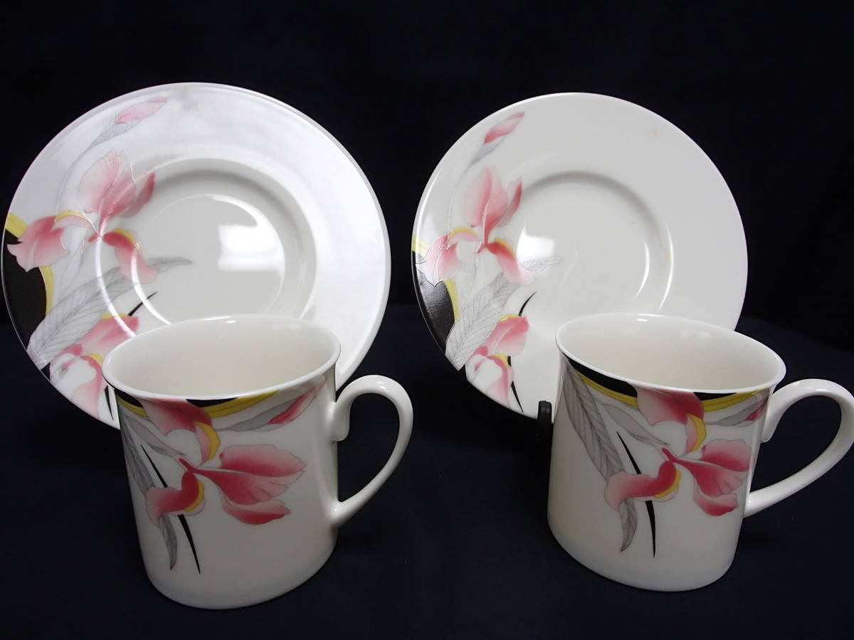 【Yamaka】【コーヒーC&S】(2客)(ピンクのアイリスをモダンに)未使用・箱なし・美品 【ヤマカ】拍卖