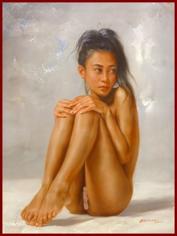 ☆☆☆油彩画 ベンソン 「タイの娘」 恥ずかし気な仕草       CP拍卖