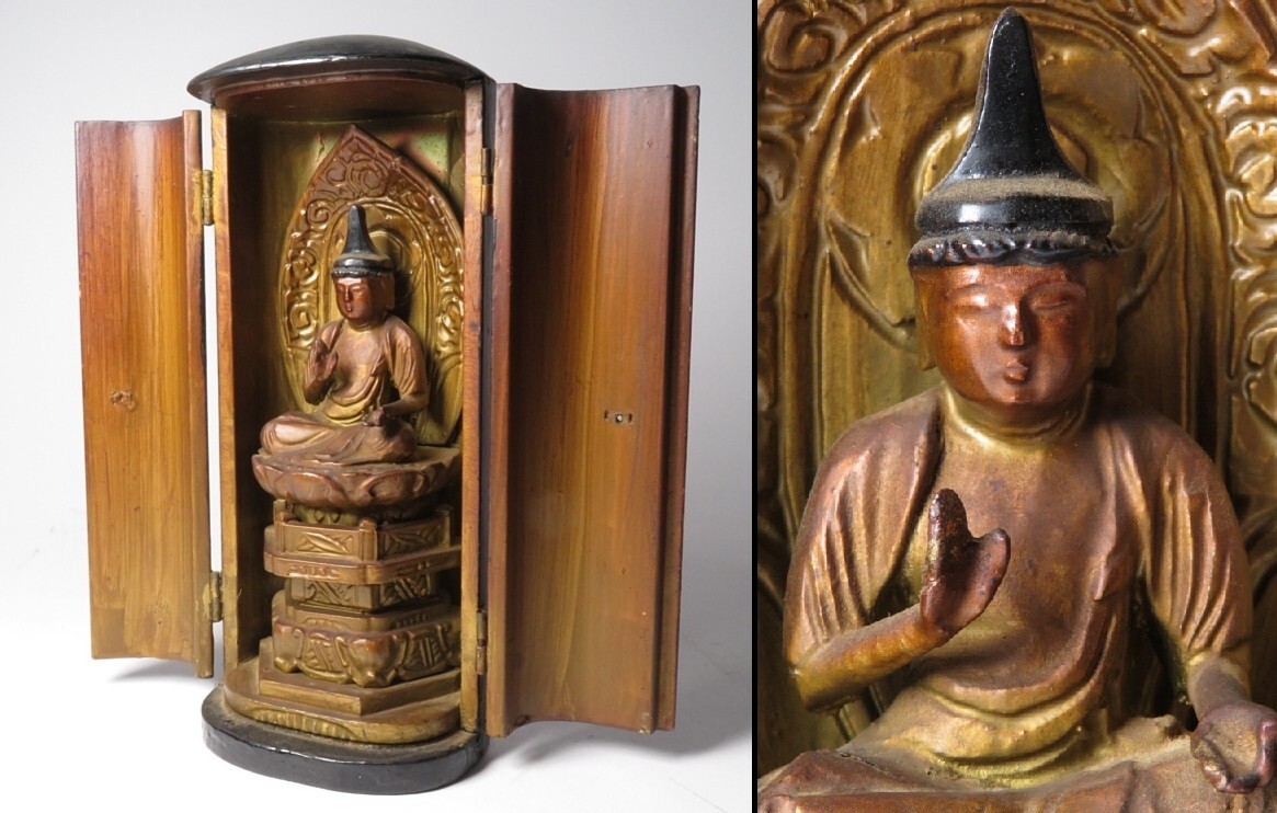 【10306】仏教美術 江戸〜 厨子入 木彫仏(初品・買取品)拍卖