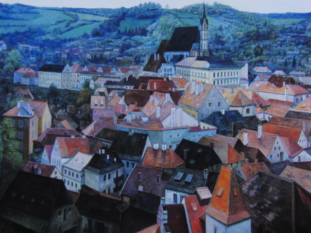 西嶋俊親、【石厦聚落(CESKY KRUMLOV)】、希少な大判額装用画集より、美品、日本人画家、新品額装付、送料込み拍卖