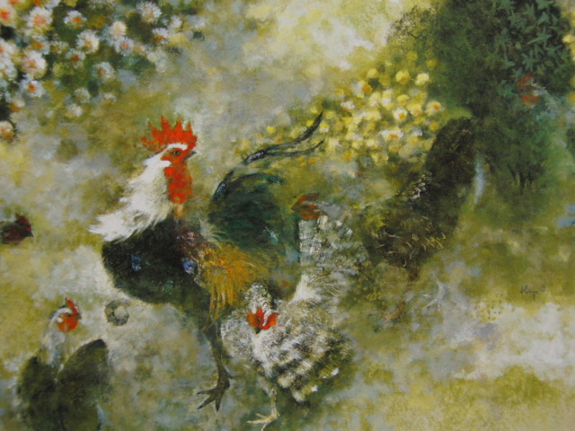 清原啓一、【庭の遊鶏】、希少な大判額装用画集より、美品、日本人画家、新品額装付、送料込み拍卖