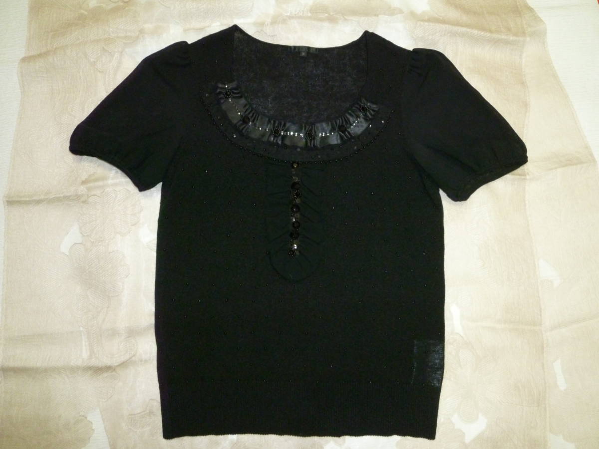 ★TO BE CHIC★パフスリーブ半袖 2WAYニットカットソー 黒 Ⅱ 9号 ビジュー リボン 付 襟元取り外し可拍卖