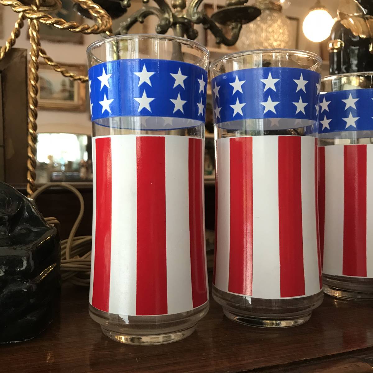 70’s~アメリカンヴィンテージ 星条旗柄のガラスコップ カントリー食器/カリフォルニア西海岸60’sアンティークアメカジ蚤の市レトロ雑貨拍卖