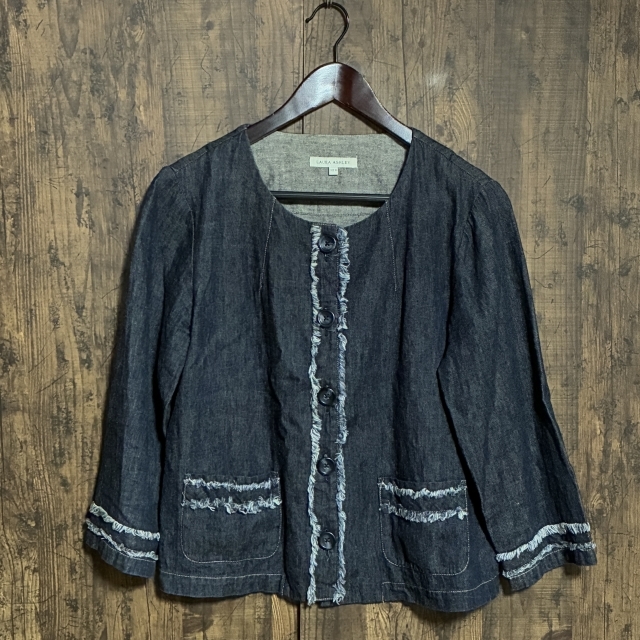 A428◇LAURA ASHLEY | ローラアシュレイ フリンジデザインデニム調ジャケット インディゴブルー レディース 13サイズ 中古品拍卖
