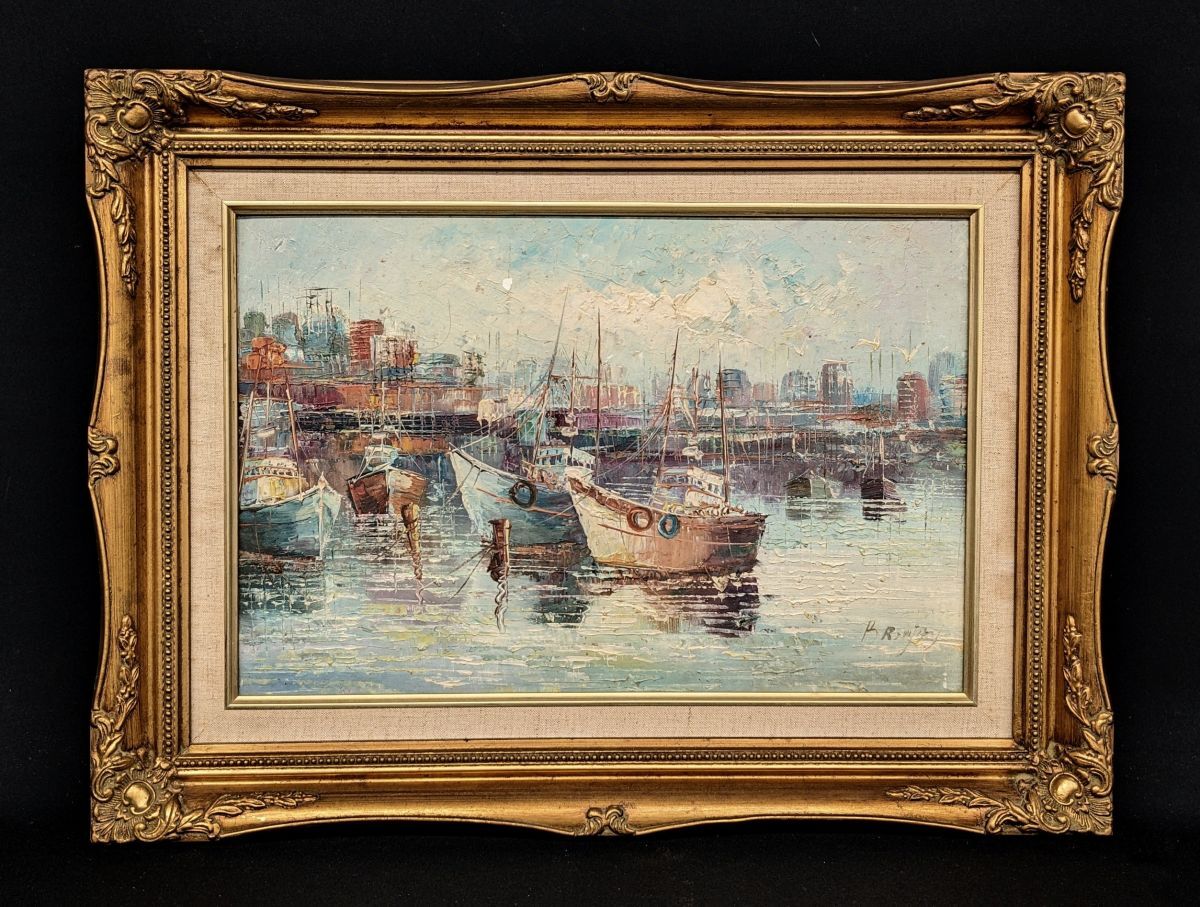 ee028■額装品 作不明 油彩画 「貨物港の漁船」 (額外寸:約600x444mm) 木製額縁 空額 アンティーク調 ※前面ガラス無し/140拍卖