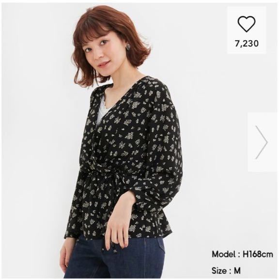 GU/ジーユー フラワープリントカシュクール ボリュームスリーブブラウス 黒 M拍卖