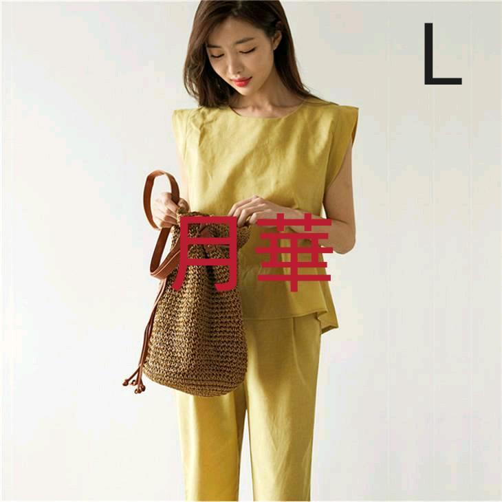 L イエロー セットアップ パンツスーツ 麻風 森ガール 夏 新品 ZY2016拍卖