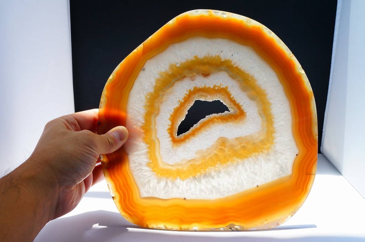 特大サイズ!!希少!昔の在庫なので上質!縞模様が綺麗なブラジル産瑪瑙・メノウ・めのう・メノー・ピクチャーメノー板原石コースター793g拍卖